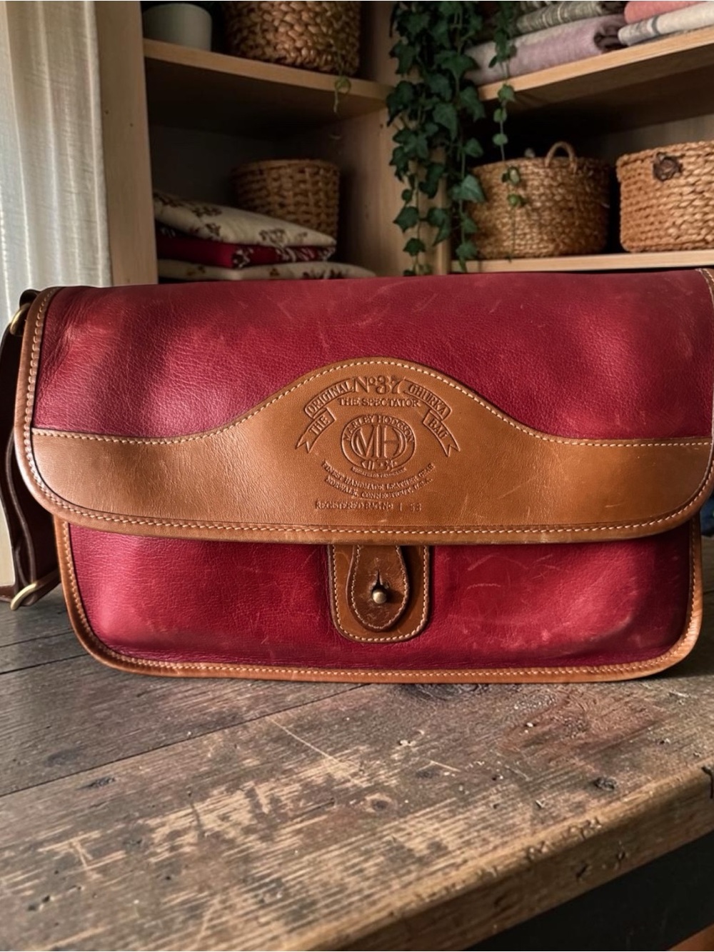 Vintage Ghurka No.37 The Spectator Red and Tan Leather Crossbody Bag. Made in US